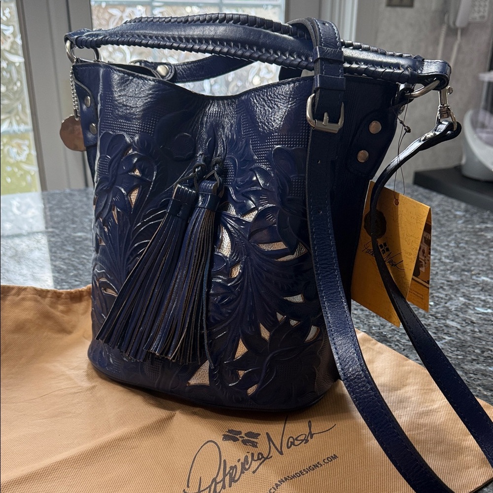Patricia Nash Patriot Blue Tooled Leather Crossbody Bag